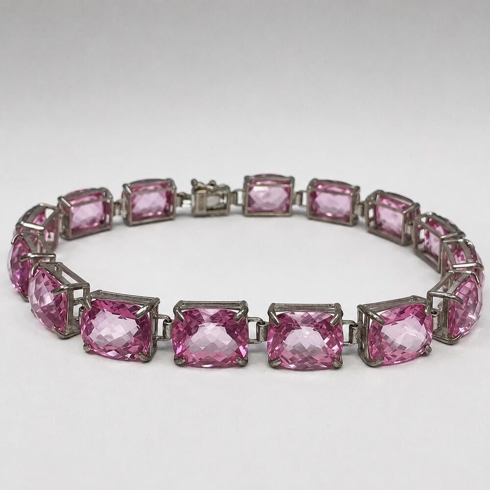 Pink Topaz 10x8 Cushion Gemstone Tennis Bracelet 10kt White Gold